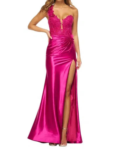 Sherri Hill One Shoulder Sheer V-neck Prom Dress In Magenta In Pink