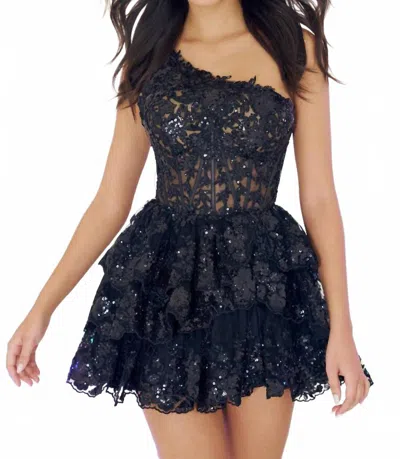 Sherri Hill One Shoulder Short A-line Ruffle Dress In Black In Blue