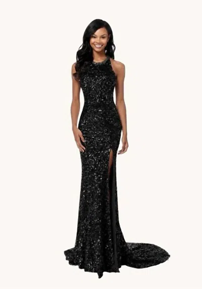 Sherri Hill Open Back High Slit Halter Gown In Black
