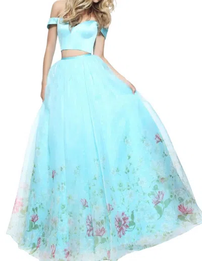 Sherri Hill Organza Prom Dress In Aqua Print In Multi