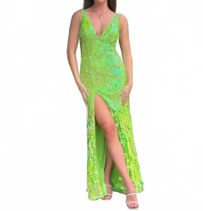 Sherri Hill Plunging Neckline Paillettes Dress In Neon Green