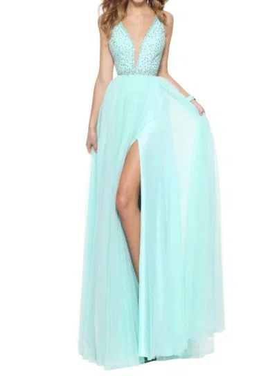 Sherri Hill Plunging V-neck Prom Dress In Mint In Blue