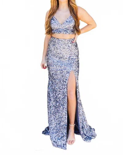 Sherri Hill Prom Dress In Grey In Blue