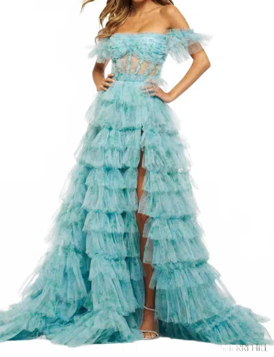 Sherri Hill Ruffle Corset Slit Gown In Aqua Print In Blue