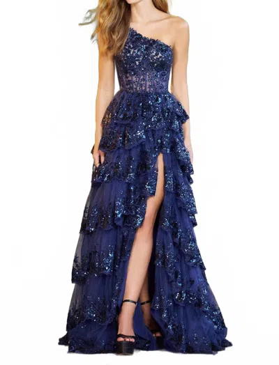 Sherri Hill Ruffle Skirt One Shoulder Prom Dress In Navy In Blue