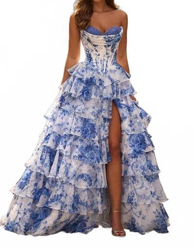 Sherri Hill Ruffle Skirt Strapless Floral Dress In Ivory Blue Print