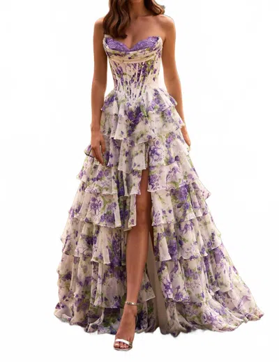 Sherri Hill Ruffle Skirt Strapless Floral Dress In Ivory/purple/green Print In Multi