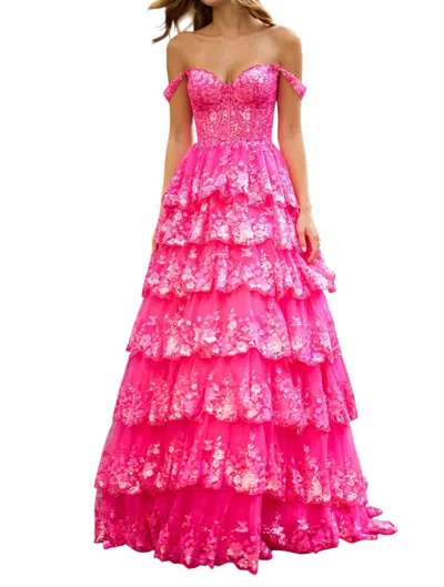 Sherri Hill Ruffle Tulle Lace Sequin Prom Dress In Fuchsia In Red