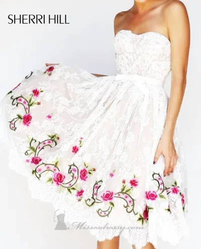 Sherri Hill Sadie Robertson Collab Lace Tea Length Party Dress In Ivory/fuchsia In White