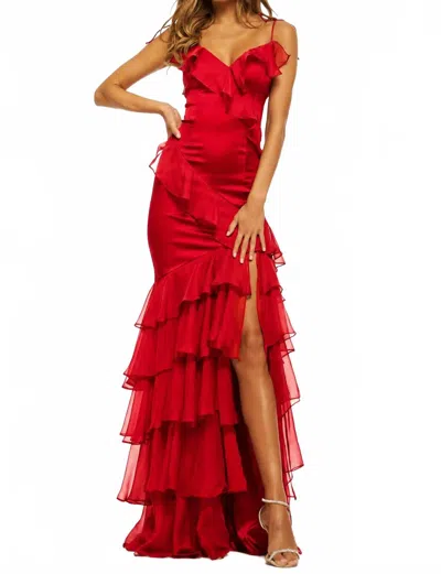 Sherri Hill Satin Evening Dress With Slit In Red