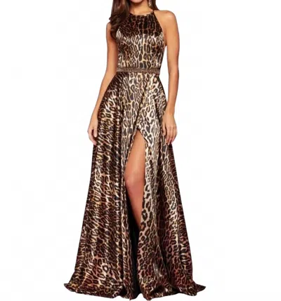 Sherri Hill Satin Halter Gown In Animal Print