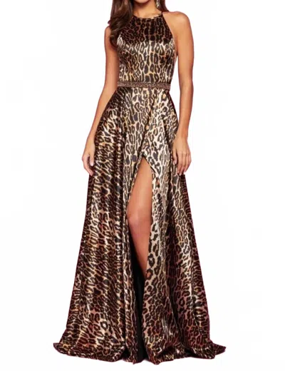 Sherri Hill Satin Halter Gown In Animal Print