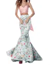 Sherri Hill Satin Two-piece Cross Bodice Casual Dress In Blush/aqua Prin In Multi
