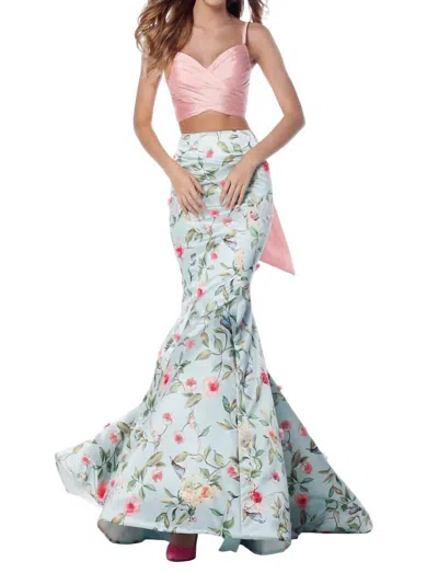 Sherri Hill Satin Two-piece Cross Bodice Casual Dress In Blush/aqua Prin In Multi