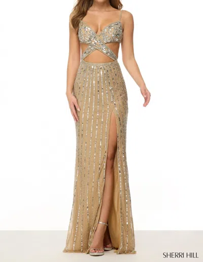 Sherri Hill Sequin Beaded Fitted Gown In Nude/silver In Gold