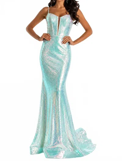 Sherri Hill Sequin Fitted Gown With Corset Top In Light Green In Blue