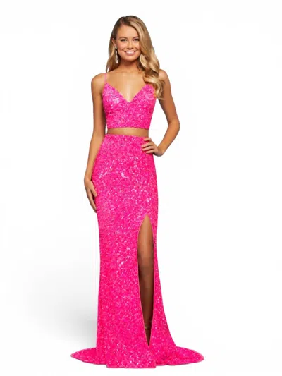 Sherri Hill Sequin Two Piece Gown In Neon Pink