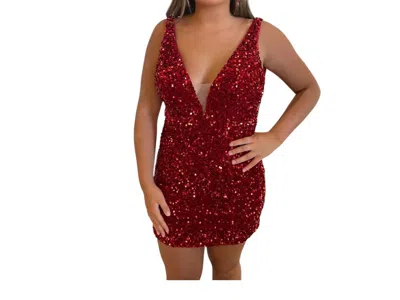 Sherri Hill Sequin V Neck Cocktail Dress In Red