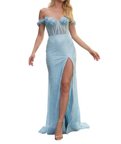 Sherri Hill Sheer Corset Off The Shoulder Dress In Light Blue