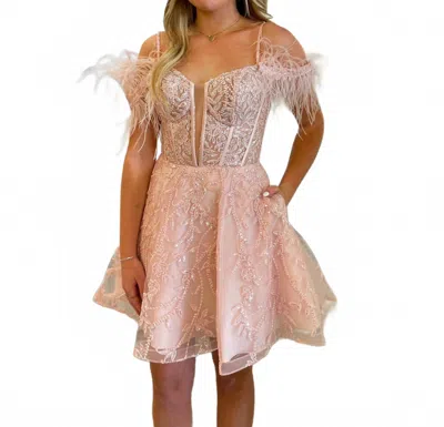 Sherri Hill Sheer Corset Top Feathered Sleeves Short Gown In Blush In Pink