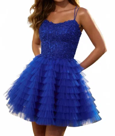 Sherri Hill Short Ruffle Leaf Lace Dress In Royal In Blue