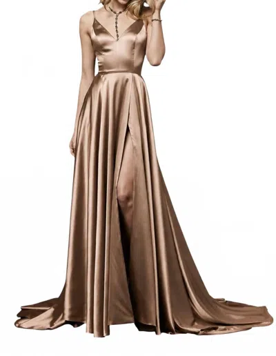 Sherri Hill Silk Charmeuse V-neck High Slit Evening Gown In Mocha In Brown
