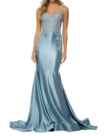 Sherri Hill Sleeveless Fitted Lace Corset Prom Dress In Vintage Blue