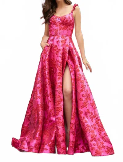 Sherri Hill Jacquard Evening Gown In Pink Floral In Multi