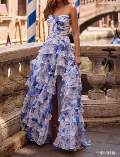 Sherri Hill Slit Skirt Floral Dress In Ivory Blue Print In Multi