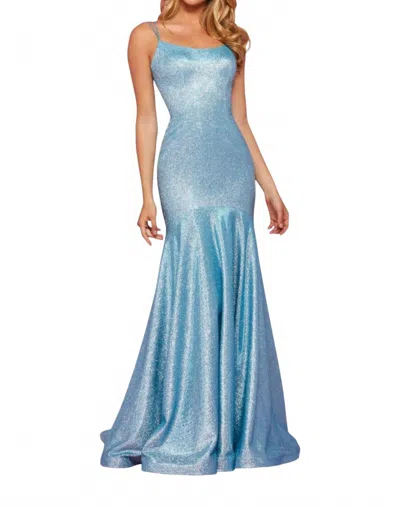 Sherri Hill Spaghetti Strap Glitter Dress In Turquoise/silver In Blue