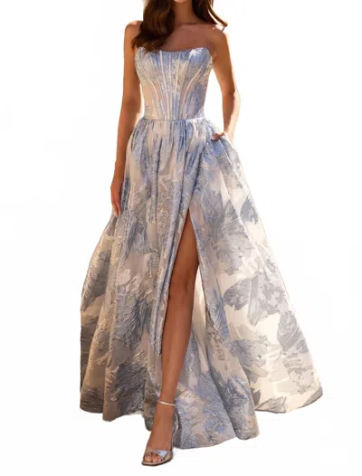 Sherri Hill Strapless Brocade Corset Bodice Gown In Blue