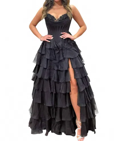 Sherri Hill Strapless Chiffon Ruffle Skirt Prom Dress In Black In Gray