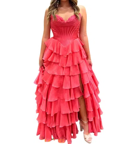 Sherri Hill Strapless Chiffon Ruffle Skirt Prom Dress In Coral In Pink