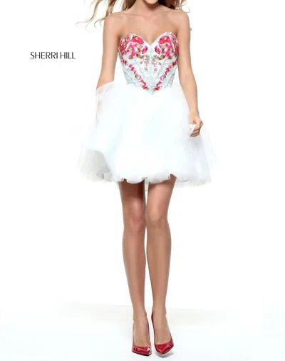 Sherri Hill Strapless Corset Denim Beaded Bodice Dress With Tulle A-line Skirt In Ivory/multi In White