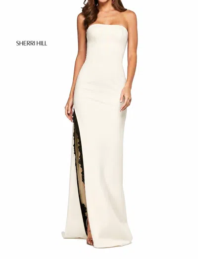 Sherri Hill Strapless Corset Gown Lace Slit Dress In Ivory/black In Neutral