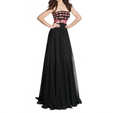 Sherri Hill Strapless Embroidery Chiffon Gown In Black