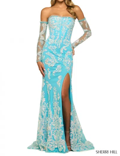 Sherri Hill Strapless Fitted Gown In Bright Aqua In Blue