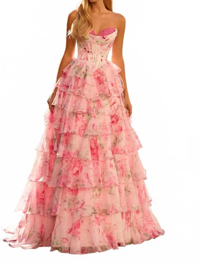 Sherri Hill Strapless Floral Ballgown In Pink Print In Multi