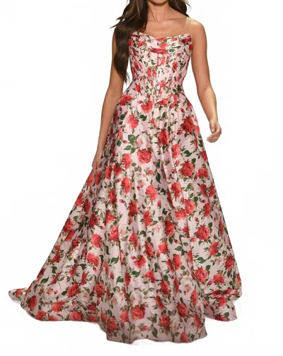 Sherri Hill Strapless Floral Gown With Corset Bodice In Pink Print In Multi