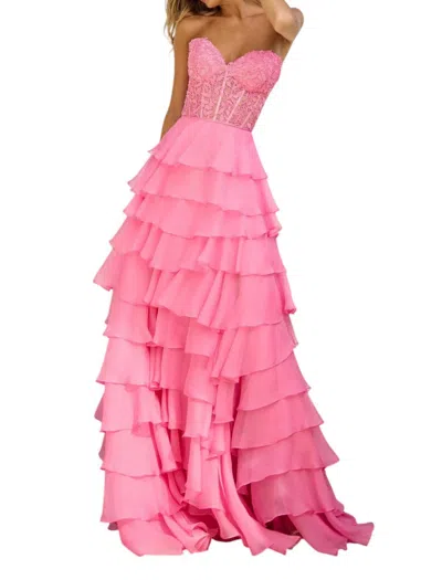Sherri Hill Strapless Leaf Lace Prom Dress In Bright Pink