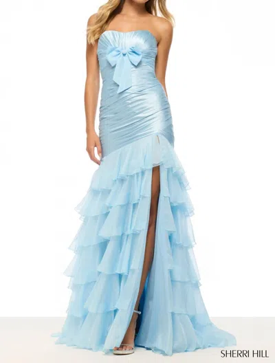 Sherri Hill Strapless Mermaid Stretch Satin Gown In Light Blue