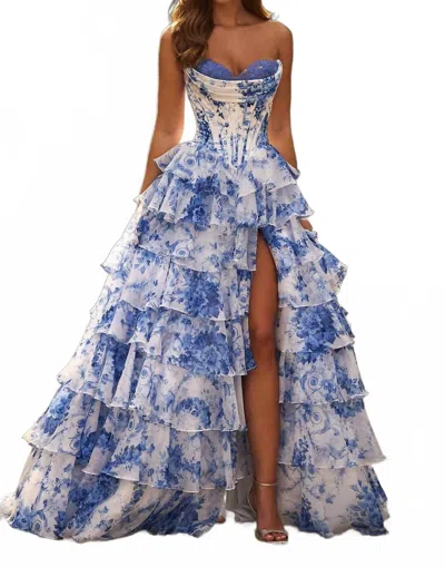 Sherri Hill Strapless Satin Corset Ball Gown In Ivory Blue In Multi