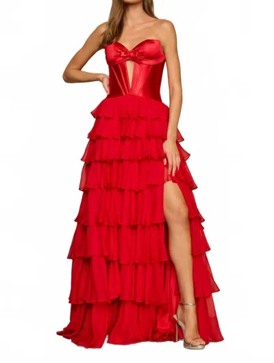 Sherri Hill Strapless Satin Corset Ball Gown In Red