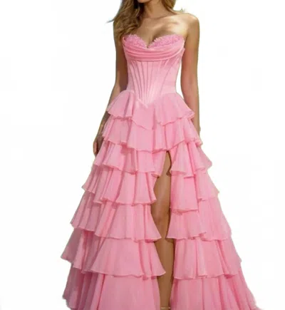 Sherri Hill Strapless Satin Corset Ball Gown With Chiffon Ruffle Slit Skirt In Candy Pink