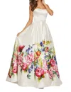 Sherri Hill Strapless Satin Maxi Dress In Ivory Print In Multi