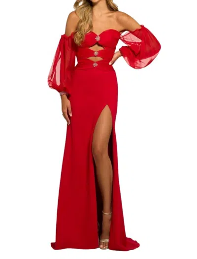 Sherri Hill Strapless Scuba Ruched Chiffon Bodice Prom Dress In Red