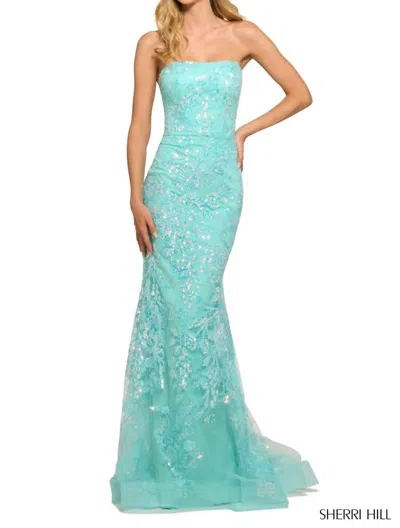 Sherri Hill Strapless Sequin Lace Fitted Gown In Aqua