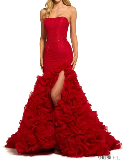 Sherri Hill Strapless Taffeta Mermaid Gown In Red