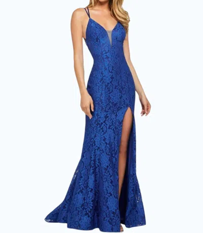 Sherri Hill Strappy Back Lace Ball Gown Dress In Royal In Blue