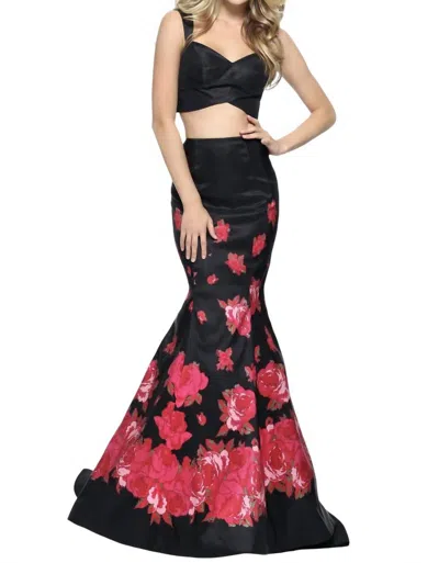 Sherri Hill Taffeta Mermaid Prom Dress In Black/red Print In Multi